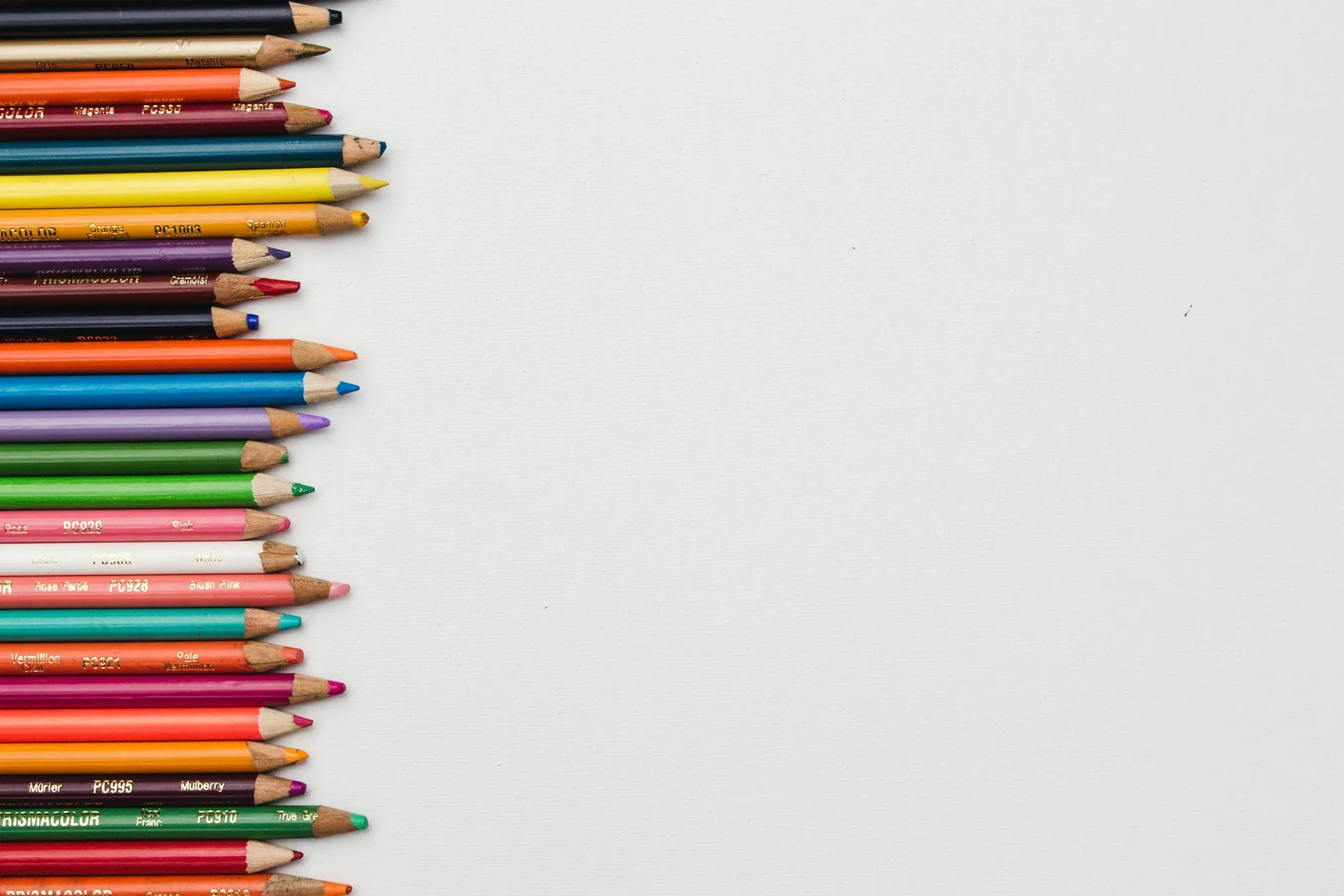 A row of coloured pencils against a white background